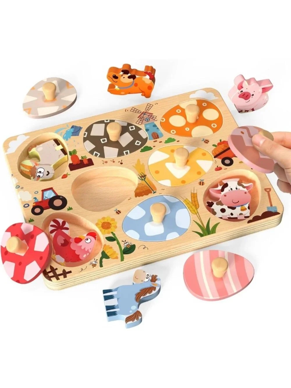 Easter Wooden Farm Animal Puzzles for Toddlers, 8-Pc Montessori Educational Toys